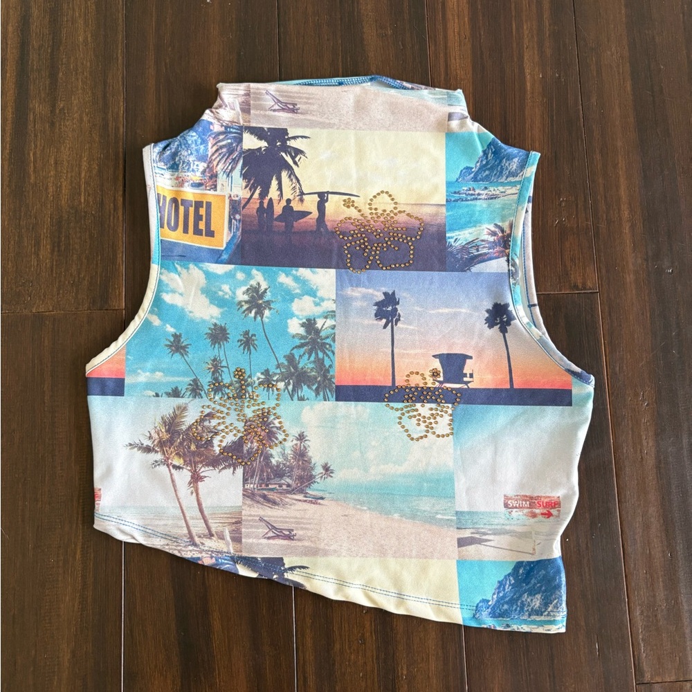Beach Print Crop Top 🌊 Coastal Summer Tank Blue Aesthetic